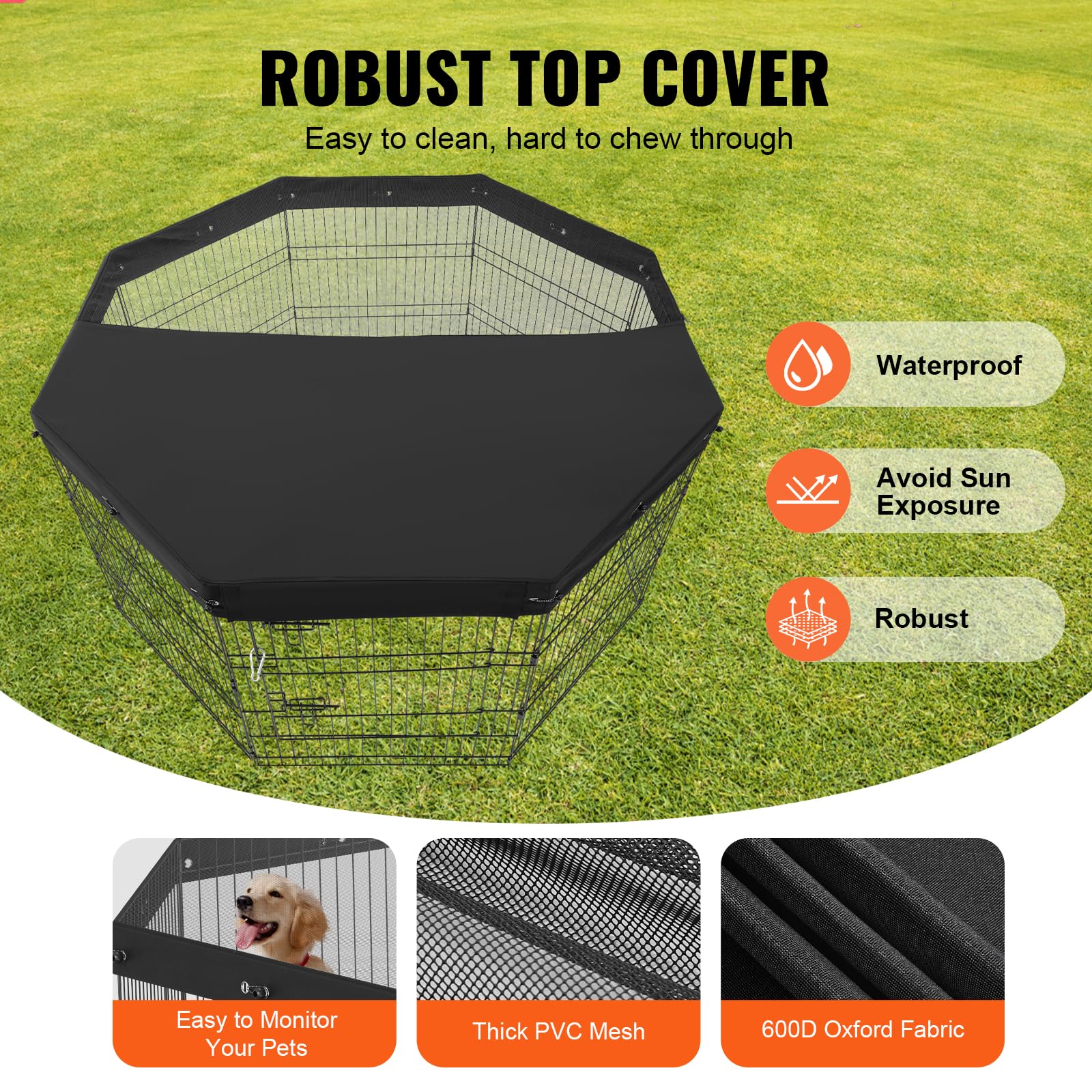 VEVOR Dog Playpen, 8 Pcs 30H x 24W Panels Foldable Metal Pet Exercise Pen, Dog Fence Indoor and Outdoor Pen with Door, 600D Oxfo